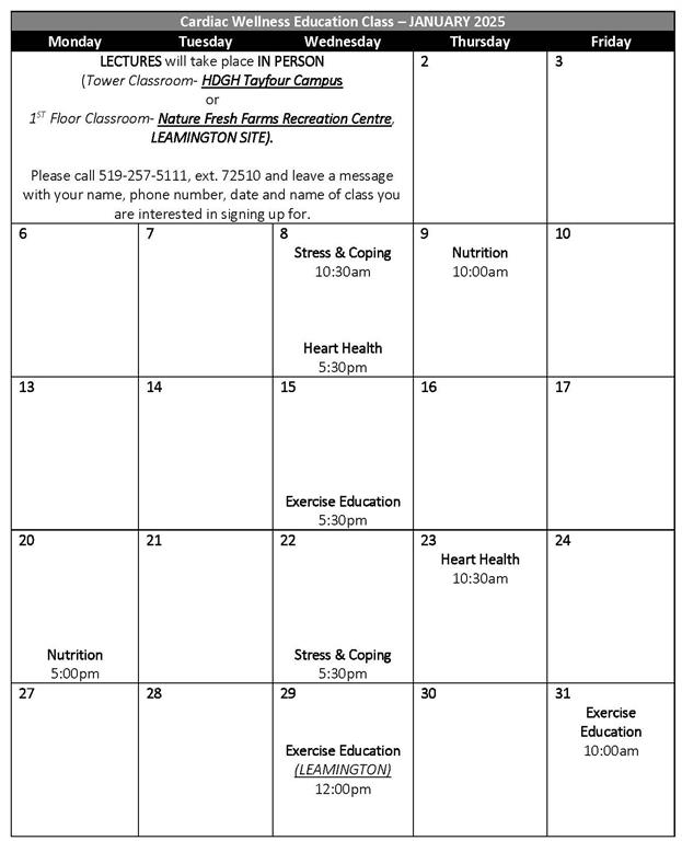 January 2025 Cardiac Wellness Calendar